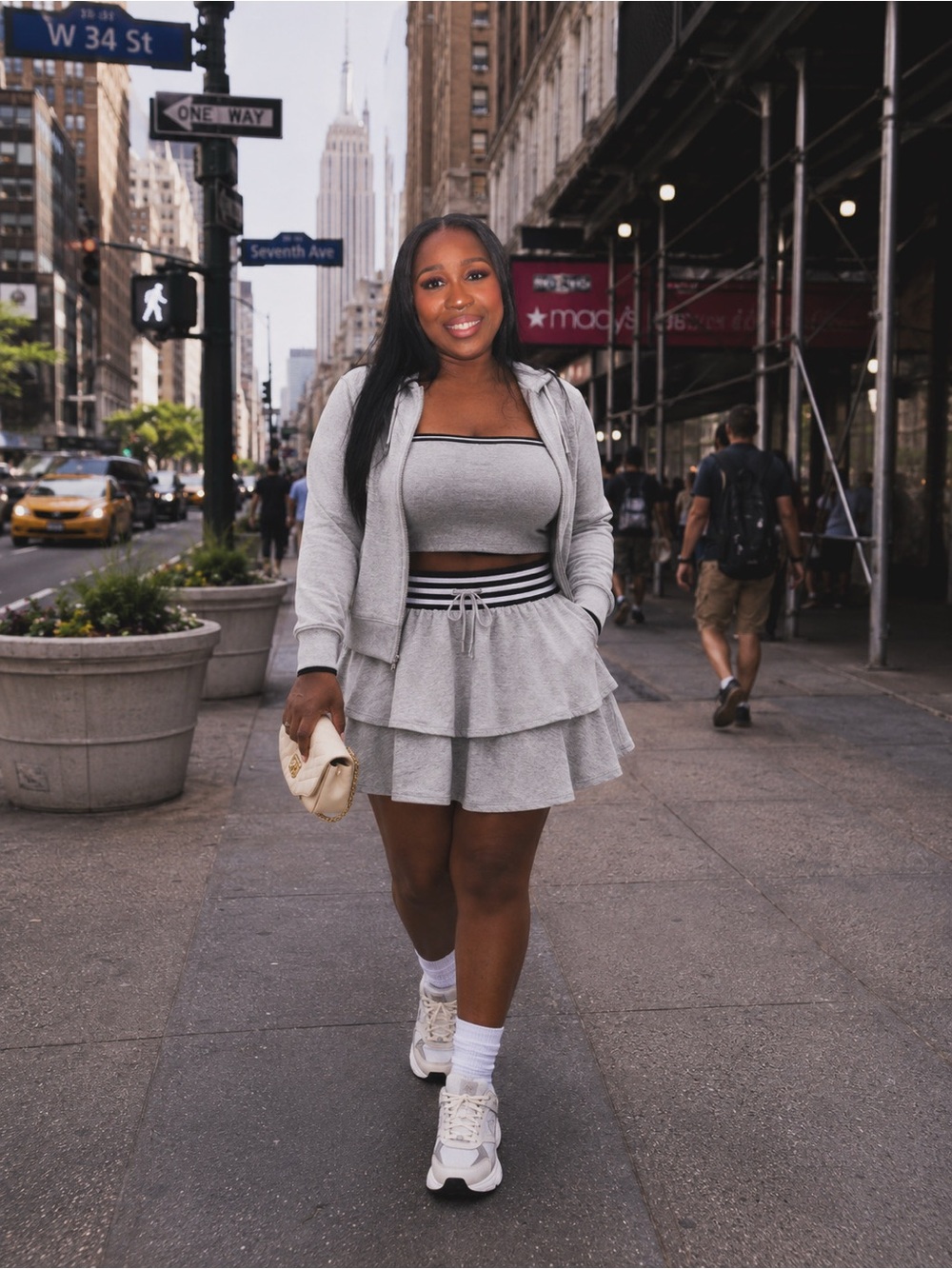 Grey Tiered Knit Skirt with Stripe Waistband - Women